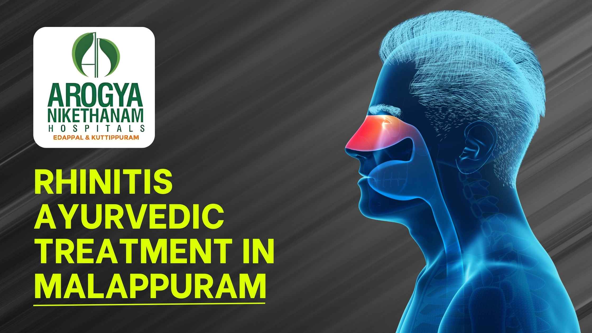 A serene view of Arogya Nikethanam Hospitals in Edappal, Malappuram, surrounded by lush greenery, symbolizing holistic Ayurvedic healing for rhinitis.
